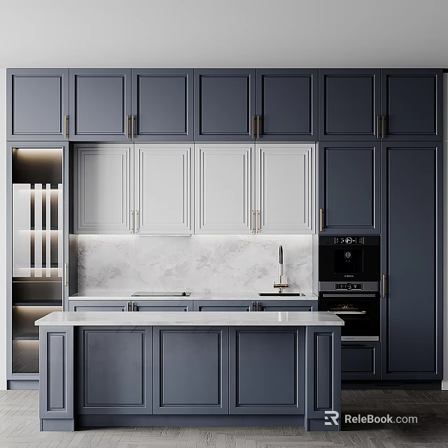 Modern Kitchen With Gray And White Cabinets Marble Countertop Island And Appliances 3d model 