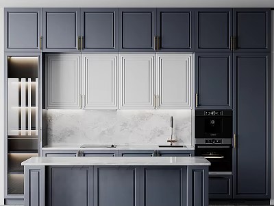 Modern Kitchen With Gray And White Cabinets Marble Countertop Island And Appliances 3d model