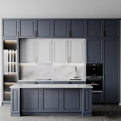 Modern Kitchen With Gray And White Cabinets Marble Countertop Island And Appliances 3d model