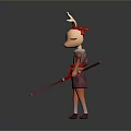 Female Cartoon Game Character With Purple Dress Red Belt Staff And White Hair Decoration