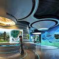 Modern Exhibition Hall With Curved Screen Glass Dome Flying Birds And Mountain Landscape 3d model