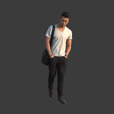 Stylish Man In White T shirt And Black Pants With Black Backpack Hands In Pockets Gray Background 3d model