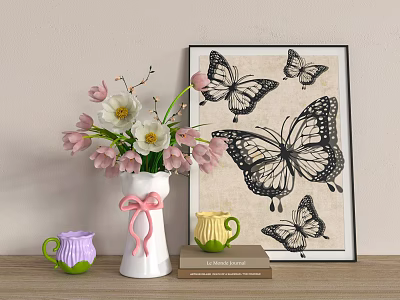 White Vase With Pink And White Flowers Near Butterfly Wall Art And Mugs On Wooden Table 3d model