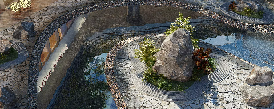 Serene Garden Landscape Design With Stone Path Large Rock Wooden Elements And Water Plants 3d model 