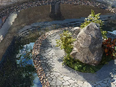 Serene Garden Landscape Design With Stone Path Large Rock Wooden Elements And Water Plants 3d model