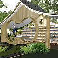 Sanxian Book Club Wooden Structure With Circular Window Design Indoor Bookshelves And Surrounding Green Plants
