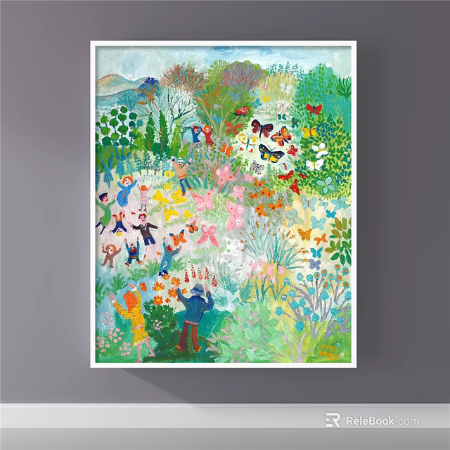 Colorful Botanical Painting Featuring Children Playing In Lush Garden With Flowers And Greenery 3d model 