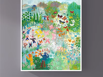 Colorful Botanical Painting Featuring Children Playing In Lush Garden With Flowers And Greenery 3d model