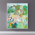 Colorful Botanical Painting Featuring Children Playing In Lush Garden With Flowers And Greenery