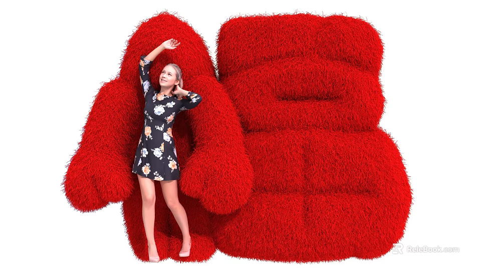 Giant Red Furry Art Installation Sofa Chair With Woman Interacting Nearby 3d model 