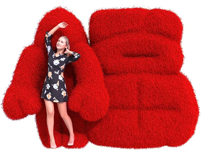 Giant Red Furry Art Installation Sofa Chair With Woman Interacting Nearby 3d model
