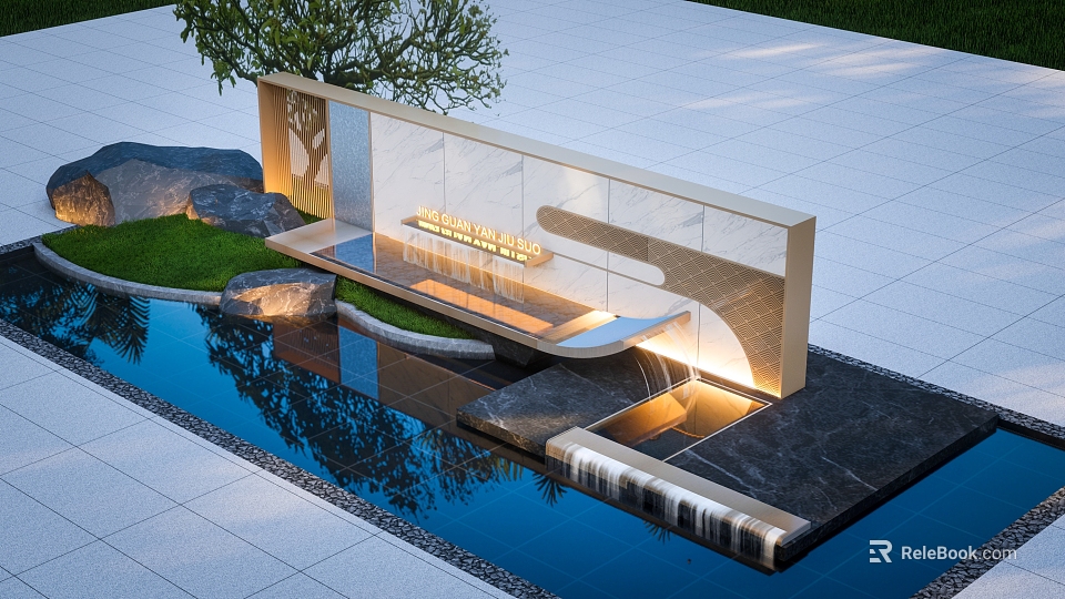 Modern Outdoor Stone Feature Wall With Illuminated Waterfall And Reflecting Pool 3d model 