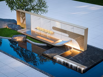 Modern Outdoor Stone Feature Wall With Illuminated Waterfall And Reflecting Pool 3d model