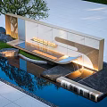 Modern Outdoor Stone Feature Wall With Illuminated Waterfall And Reflecting Pool