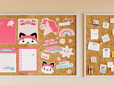 Corkboard Background Wall Decorated With Colorful Stickers Unicorn Rainbow Notes Photos And Pens 3d model