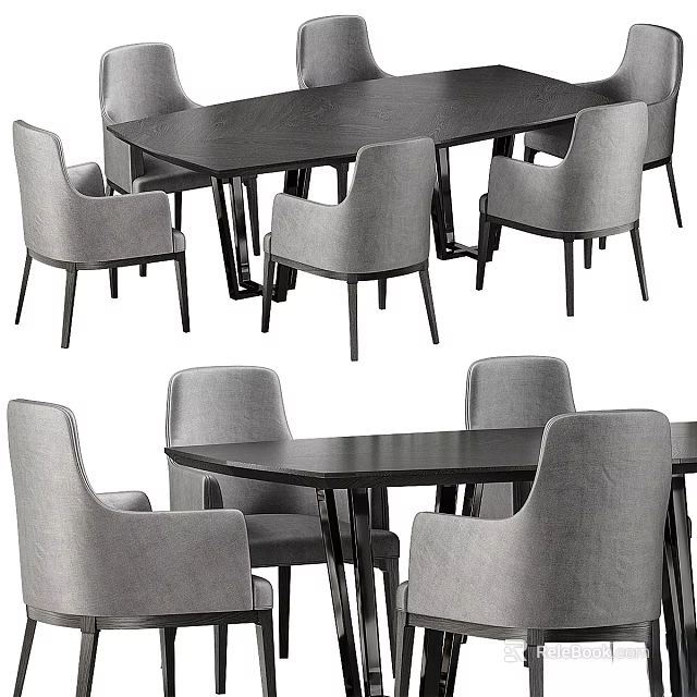 Modern Dining Table And Chair Set With Gray Upholstered Chairs And Dark Tabletop 3d model 