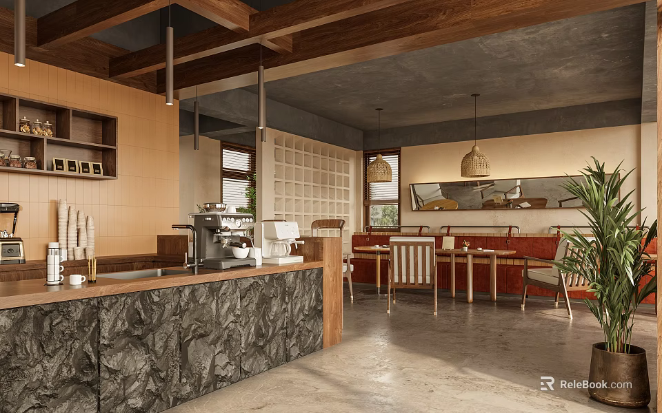 Cozy Cafe Interior Design With Wooden Ceiling Marble Counter And Hanging Lights 3d model 