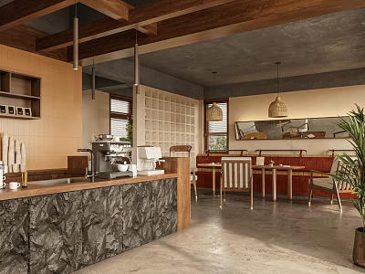 Cozy Cafe Interior Design With Wooden Ceiling Marble Counter And Hanging Lights 3d model
