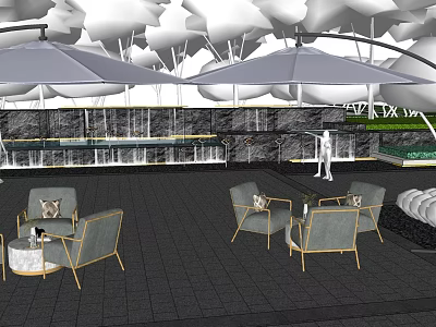 Cozy Outdoor Patio With Gray Umbrellas Gold Framed Gray Chairs And Small Coffee Tables 3d model