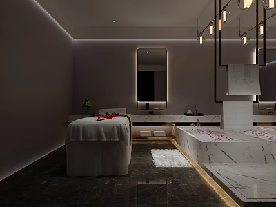 SPA Sauna Interior Design With Massage Bed Marble Bathtub And Modern Lighting Elements 3d model