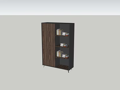 Modern Storage Cabinet with Wooden Doors and Black Frame Open Shelves for Book Storage 3d model