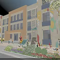 Colorful Yellow Orange School Building With Cartoon Murals And Playground Slide For Kids