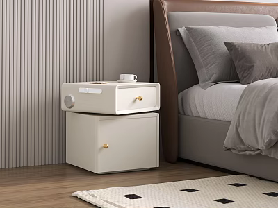 White Bedside Table With Drawer And Cup On Wooden Floor In Bedroom With Striped Wall 3d model