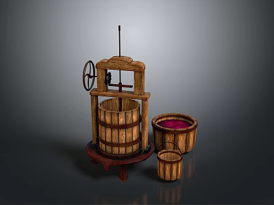 Wooden Press Equipment With Large Barrel Red Liquid And Small Barrel 3d model
