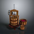 Wooden Press Equipment With Large Barrel Red Liquid And Small Barrel