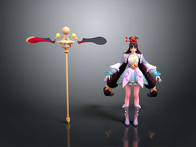 Woman In Traditional Outfit With Long Hair And Decorative Staff Standing 3d model