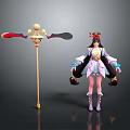Woman In Traditional Outfit With Long Hair And Decorative Staff Standing