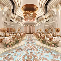 Luxurious Banquet Hall Interior With Chandelier Tables Chairs And Marble Floor