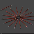 Red Pens Radially Arranged With One Single Pen On Blue Background