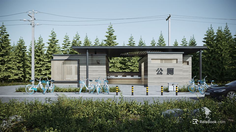 Modern Public Toilet With Wooden Exterior Canopy And Bicycles Near Green Trees 3d model 