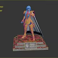 Poseidon Aristaeus Statue With Golden Armor Blue Hair And Pink Flower Base