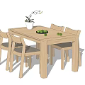 Wooden Dining Table Set With Four Chairs White Flower Pot Green Fruits And Black Plate