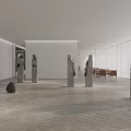 Minimalist Interior Space With Stone Pillars Green Plants White Walls And Wooden Furniture