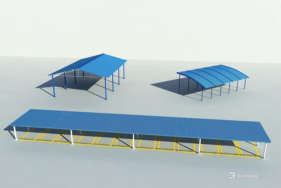 Blue Canopies With Different Designs And Steel Frames For Outdoor Parking 3d model 