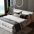 Modern Double Bed With Upholstered Design Vertical Striped Wall Round Decor Side Tables And Lamp