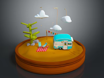 Blue Camper Van With Green Tree Red And White Checkered Picnic Mat And Cloud Decorations 3d model