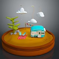 Blue Camper Van With Green Tree Red And White Checkered Picnic Mat And Cloud Decorations