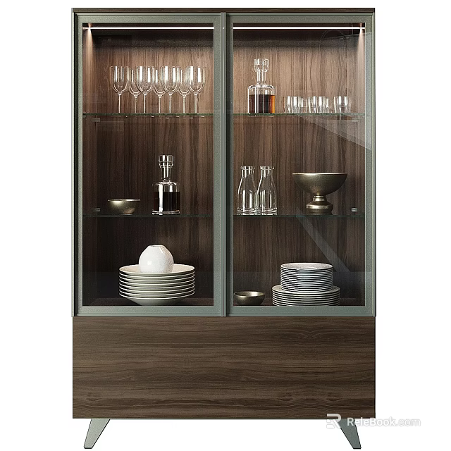Modern Wooden Sideboard With Glass Doors Displaying Dinnerware Wine Glasses And Plates 3d model 