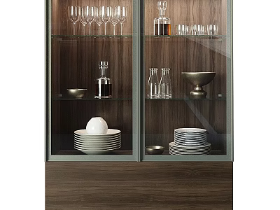 Modern Wooden Sideboard With Glass Doors Displaying Dinnerware Wine Glasses And Plates 3d model