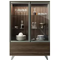 Modern Wooden Sideboard With Glass Doors Displaying Dinnerware Wine Glasses And Plates