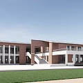 Industrial Factory Complex With Red Brick Multi Story Buildings Connecting Walkway And Landscaping