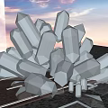 Transparent Crystal Cluster With Geometric Shapes On Platform Against Sunset Sky 3d model