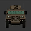 Tan Armored Military Vehicle With Green Windshield And Roof Mounted Equipment