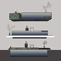 Sleek Modern Reception Desk With Textured Surface Potted Plants And Staff Presence