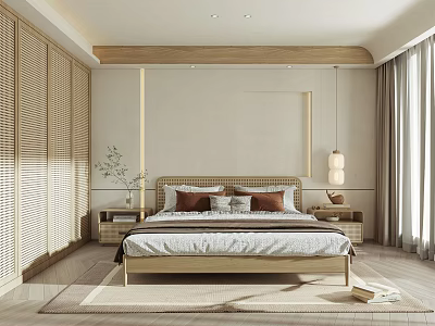 Modern Bedroom Interior With Wooden Bed Frame Brown Pillows Window Blinds And Gray Curtains 3d model