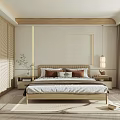Modern Bedroom Interior With Wooden Bed Frame Brown Pillows Window Blinds And Gray Curtains